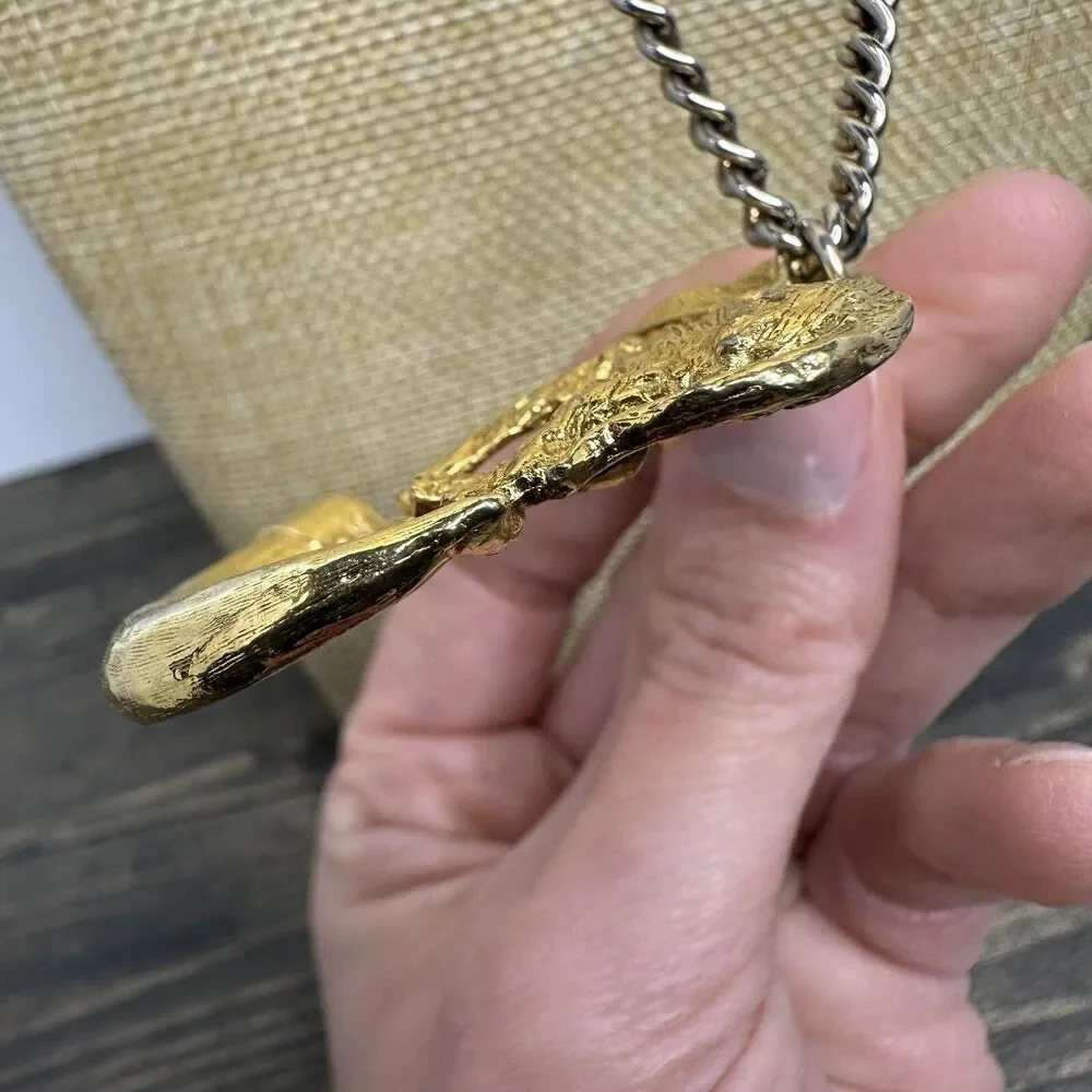 Vintage Elephant on Tusk Necklace Gold Tone Large Pendant Safari Estate‎ Find